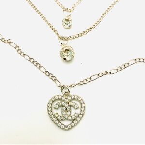 Necklace Crystal Heart Forever Love 3 Tier in silver tone.